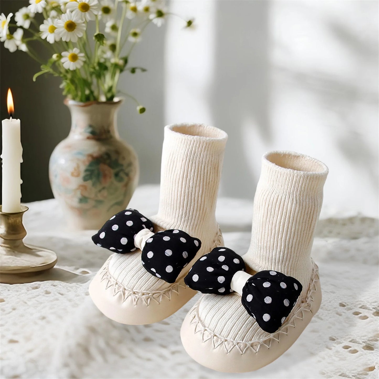 Toddler Girl Polka Dot Print Bow Slip-On Shoes with Non-Slip Sole and Cute Bootie Design for First Steps and Walking