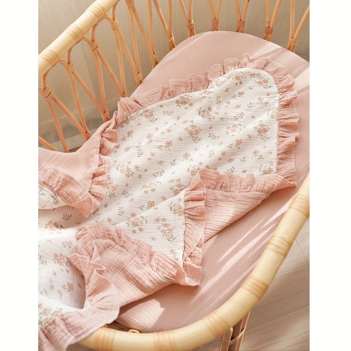 Flounce-Trim Muslin Baby Blanket, 40" x 36" Ultra-Soft Breathable Cotton Crib Sheet for Boys & Girls, Lightweight Nursery Cover