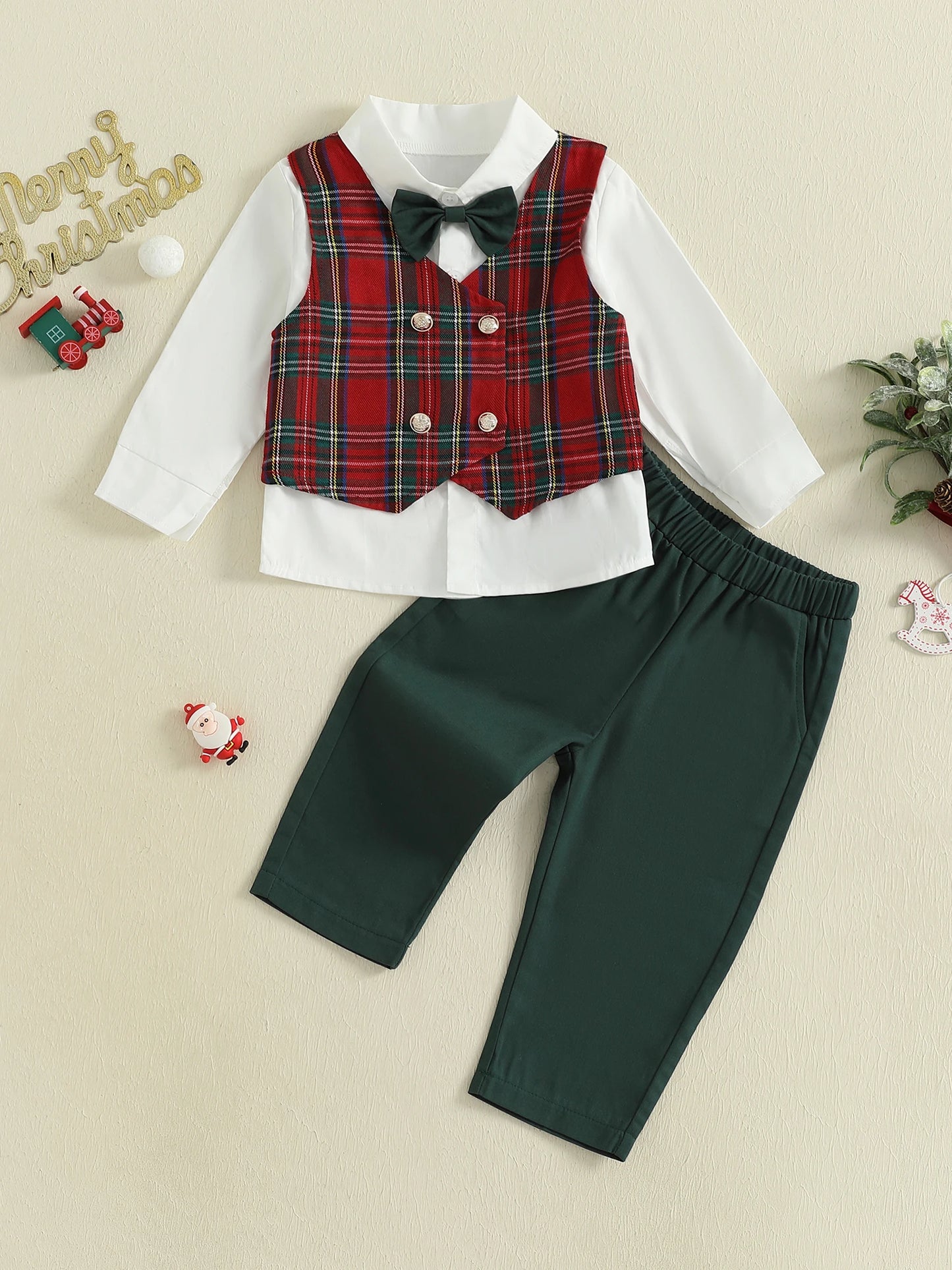 Baby Boy Formal Suit Set with Bow Tie Button-up Shirt Plaid Vest and Elastic Pants for Christmas Party or Special Occasions