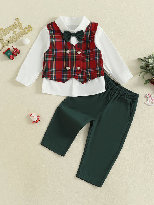 Baby Boy Formal Suit Set with Bow Tie Button-up Shirt Plaid Vest and Elastic Pants for Christmas Party or Special Occasions
