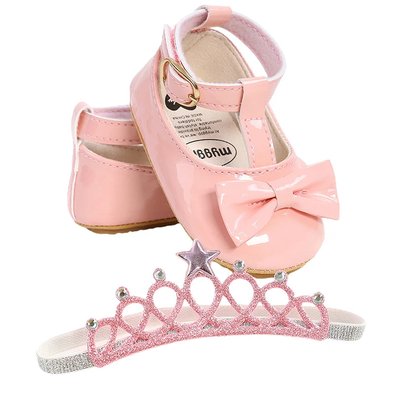 Cute Baby Girl s Glitter Sneakers with  Strap and Matching Bow Headband Set for Stylish Toddlers