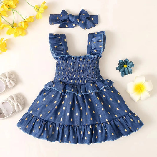 Toddler girl's Shoulder Strap With Round dot Pleated edge+Headband Summer Fashion Dress Suitable for Cute Girls Aged 0-2 Years