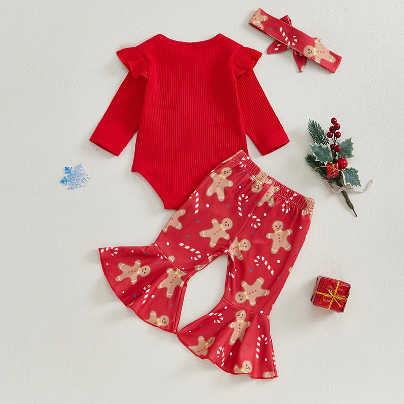 Baby Girl Christmas Outfits Solid Color Long Sleeve Romper Gingerbread Man Print Flare Pants Headband 3Pcs Clothes Set