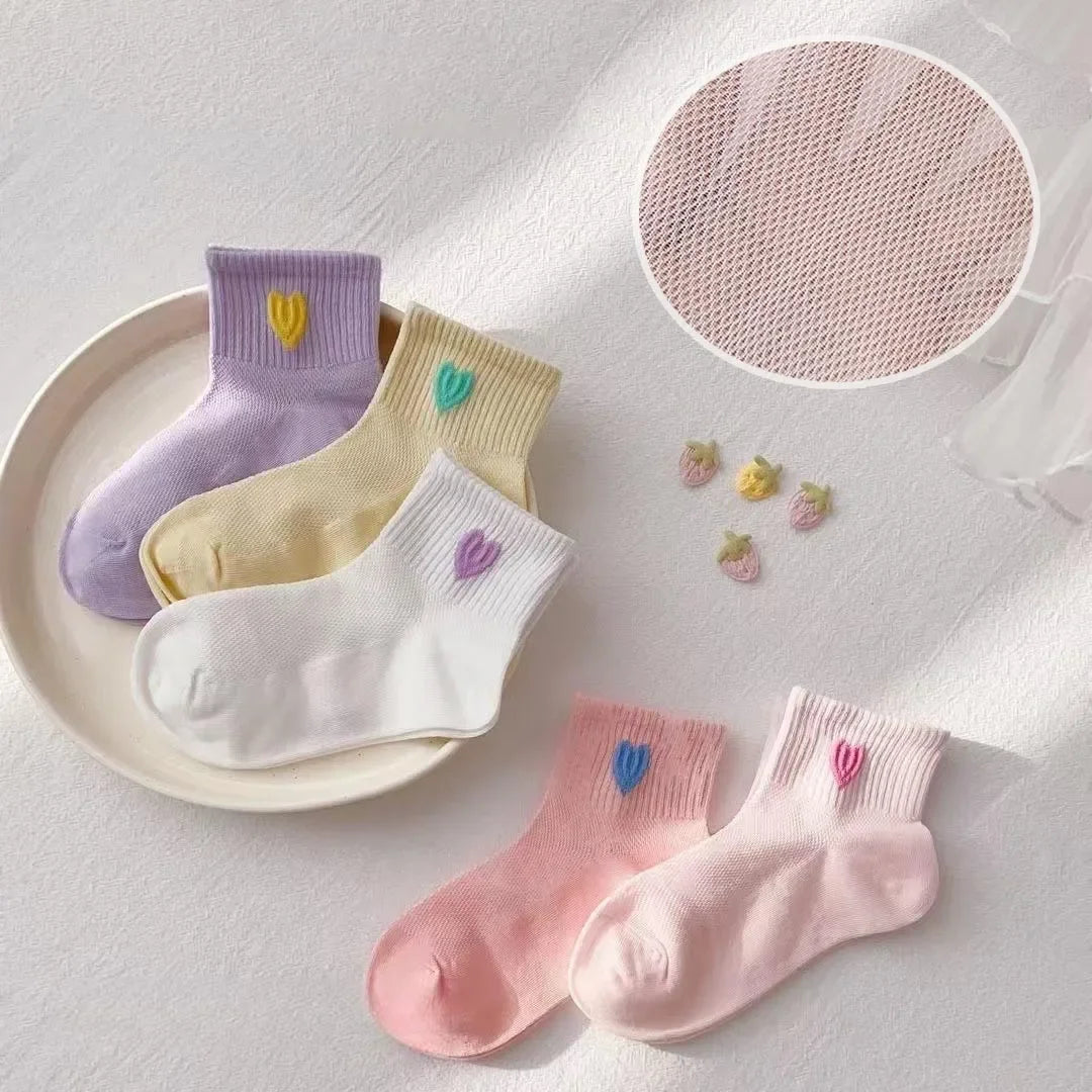 5 Pairs Baby Socks Toddler Soft Comfortable Breathable Heart Pattern Kids Footwear Elasticity Wrinkle - Resistant Athletic Socks
