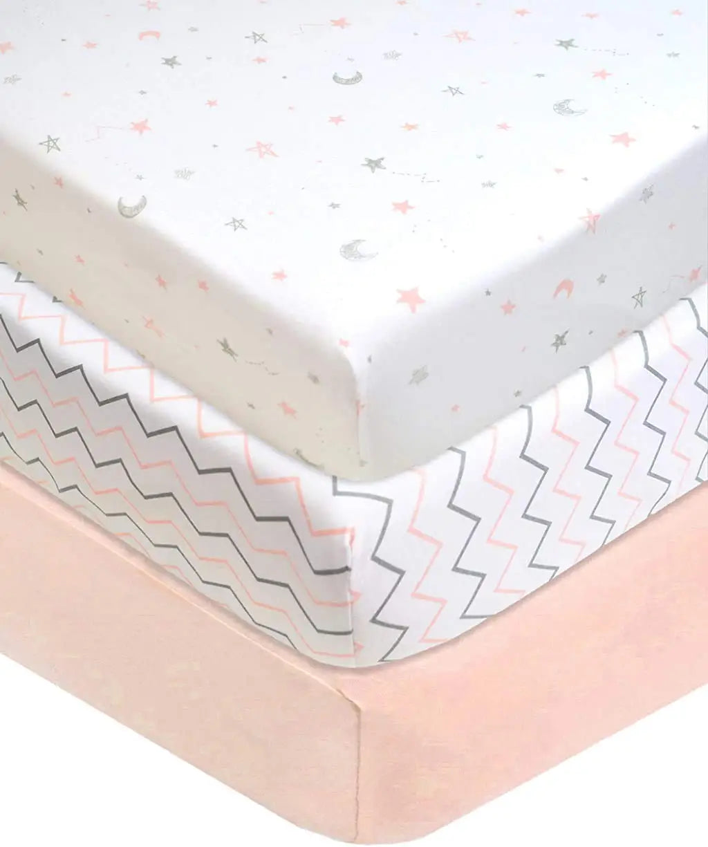3 Pack 100% Cotton Fitted Crib Sheets, 52" x 28", Soft & Breathable for Baby & Toddler Beds, Neutral Pink Star/Zigzag Design