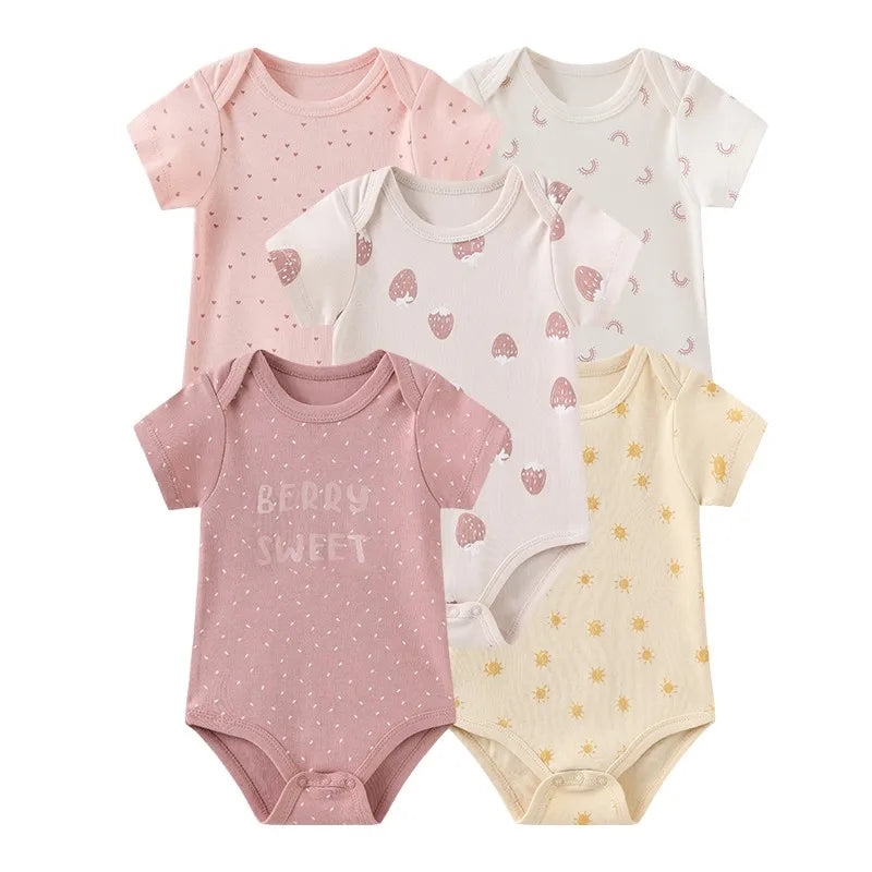 Kiddiezoom Summer 5 Piece Fashion Cartoon Boys and Girls Bodysuits 100% Cotton Soft Newborn Bodysuit Set