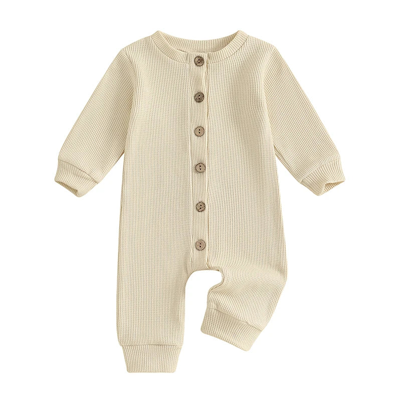 Infant Toddler Unisex Autumn  Soft Ribbed Texture Full Sleeve Round Neck Front Button Closure Playsuit