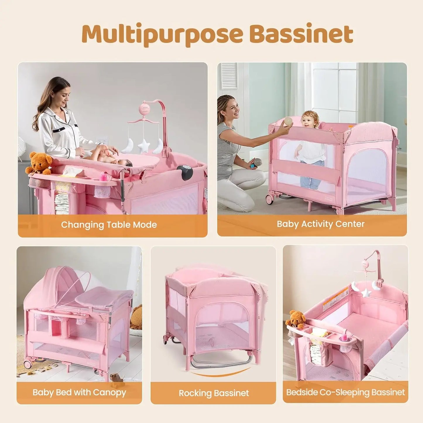 9-in-1 Convertible Baby Bassinet with Changing Table, Music Center, Mosquito Net & Storage - Pink
