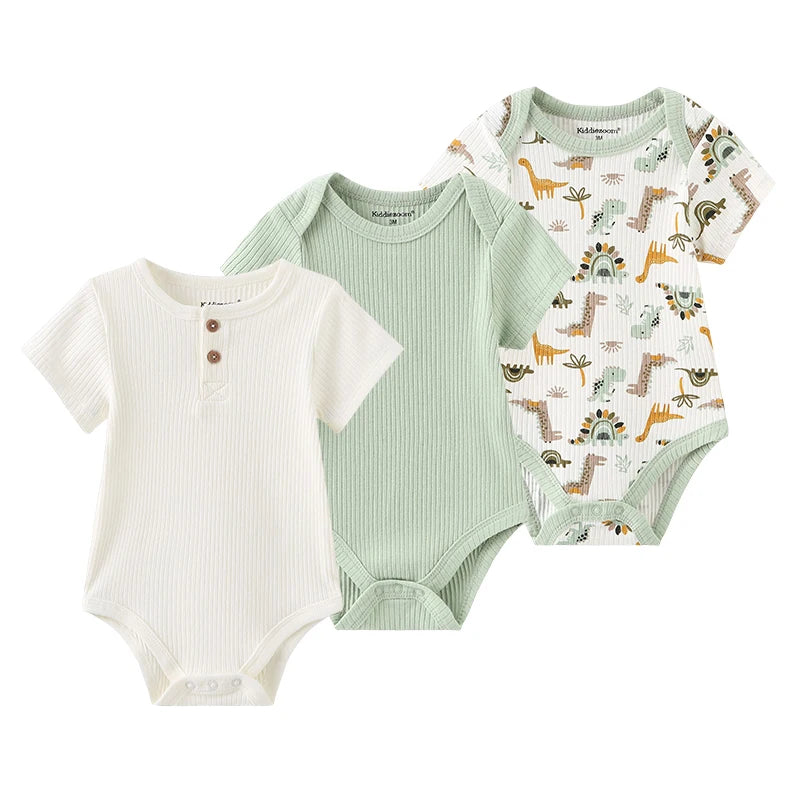 Kiddiezoom unisex summer three piece fashionable cartoon boy and girl jumpsuit 100% pure cotton comfortable newborn set