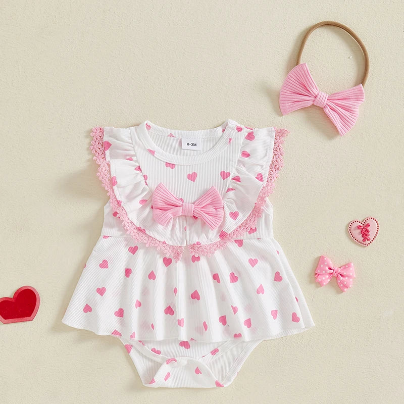 Adorable Baby Girl Set Sleeveless Heart Strawberry Print Romper Dress with Matching Bowknot Hairband - Cute Summer Outfit