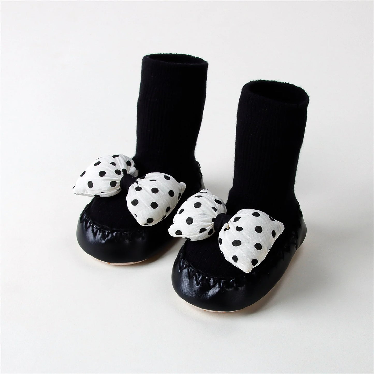 Toddler Girl Polka Dot Print Bow Slip-On Shoes with Non-Slip Sole and Cute Bootie Design for First Steps and Walking