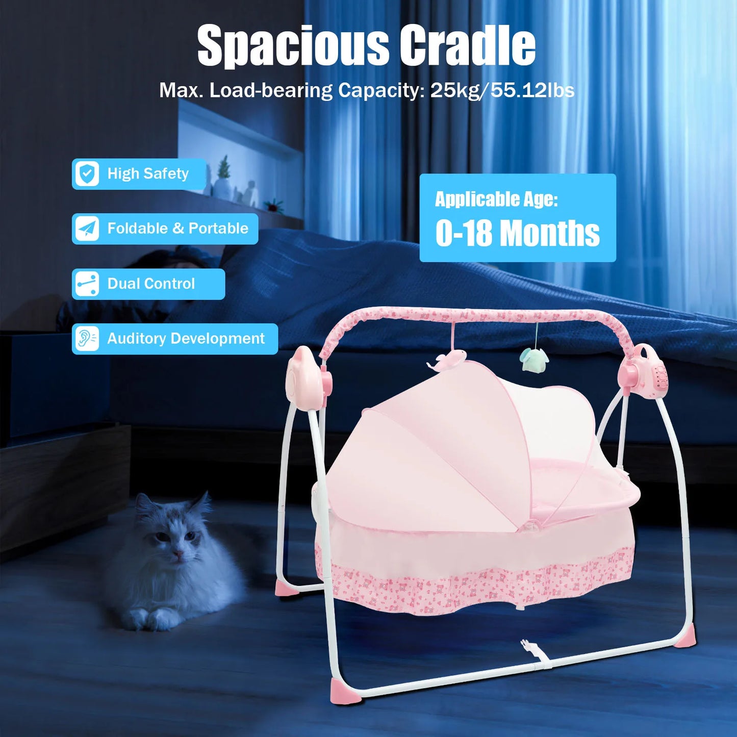 Electric Baby Crib Cradle, 0-18 Monthsinfant Bed, 25kg/55lbs Capacity, Foldable Baby Cradle Swing for Home/Travel（pink）