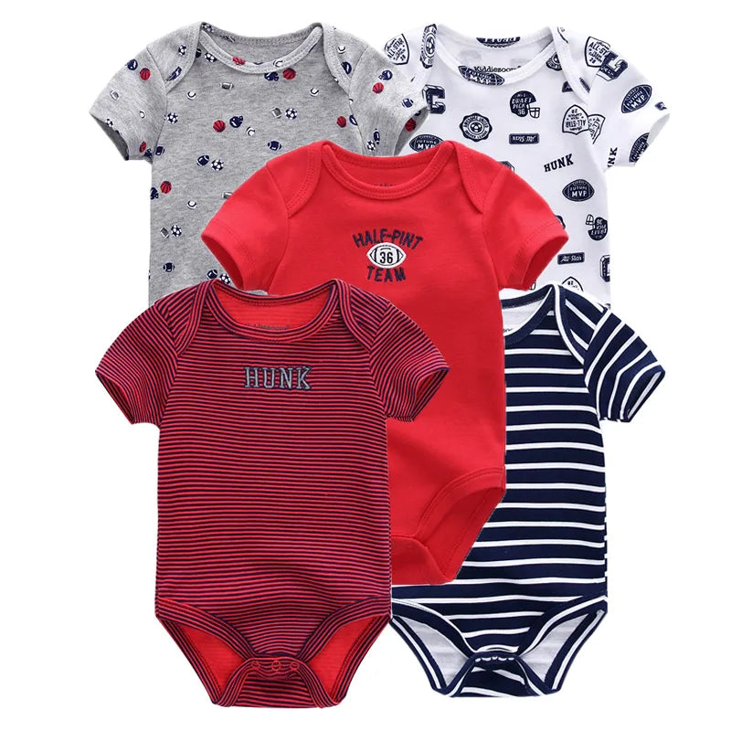 Kiddiezoom Summer 5 Piece Fashion Cartoon Boys and Girls Bodysuits 100% Cotton Soft Newborn Bodysuit Set