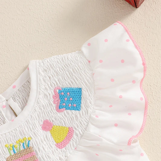 Adorable Baby Girls Rompers with Sweet Cupcake Embroidery and Flutter Sleeves - Perfect for Birthday Celebrations