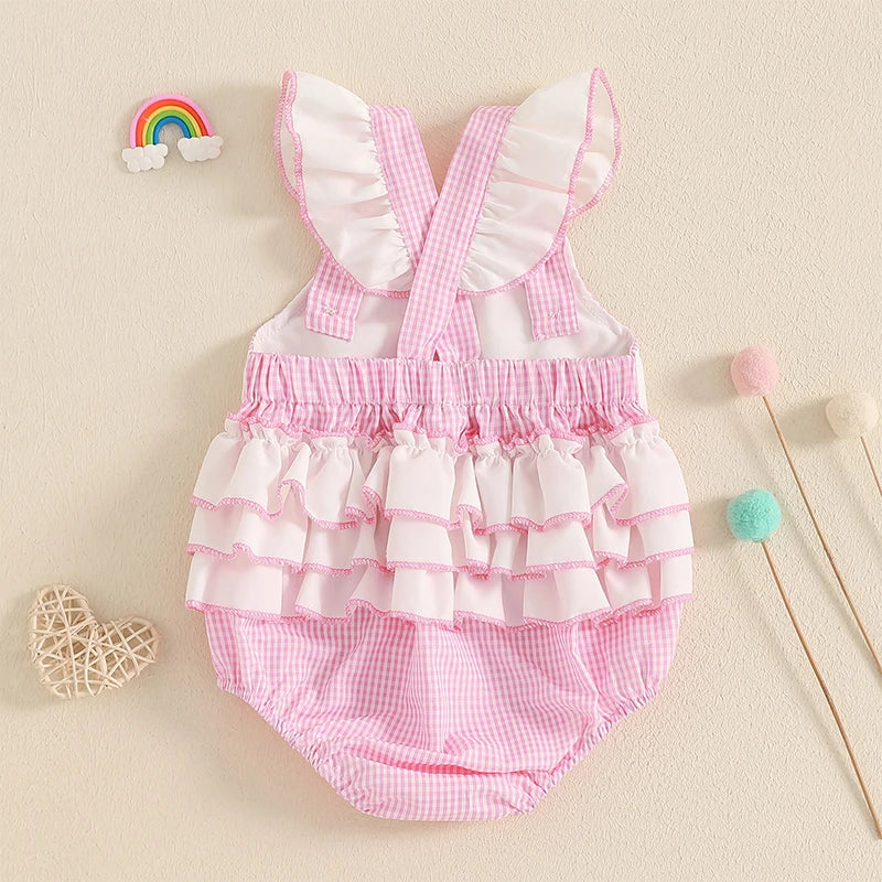 Toddler Girls Floral Print Sleeveless Rompers Birthday Outfit Ruffle Jumpsuits Bodysuits with Bow Headband Set