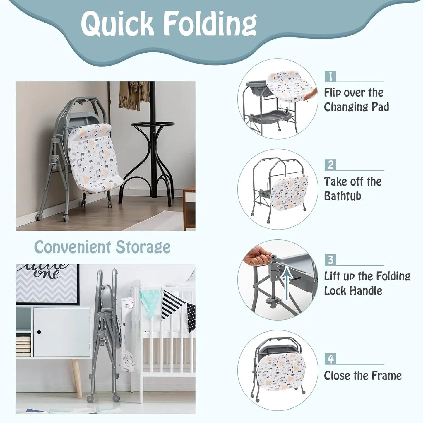 Baby Bathtub with Changing Table, Foldable Infant Diaper Changing Station with Storage Tray, Waterproof Pad, Portable