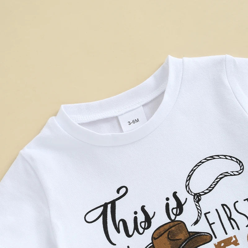 Infant Cowboy Style Shirt and Shorts Set for Little Boys Western Theme Outfit with Letter Print Tee and Boot Shorts 2 Piece