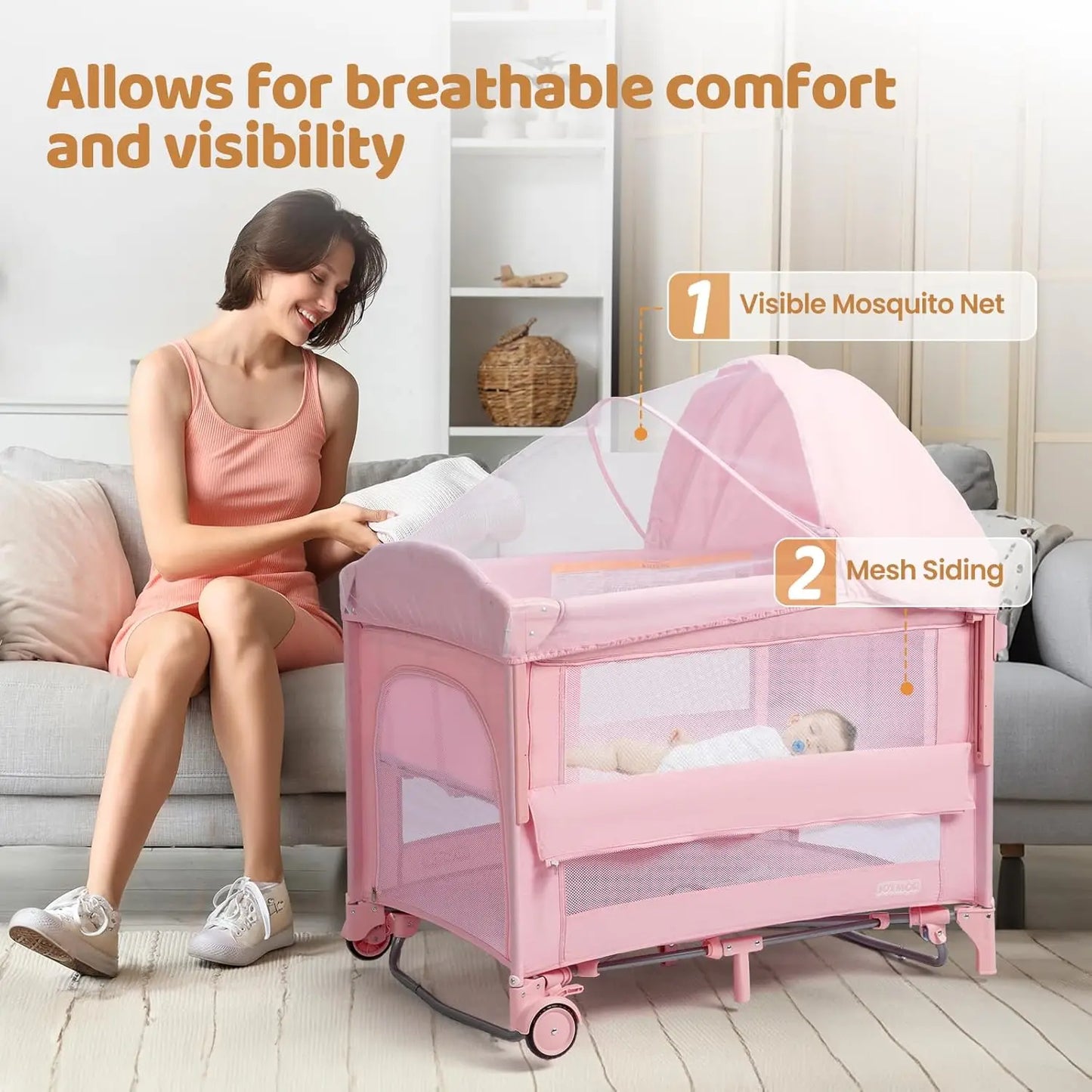 9-in-1 Convertible Baby Bassinet with Changing Table, Music Center, Mosquito Net & Storage - Pink