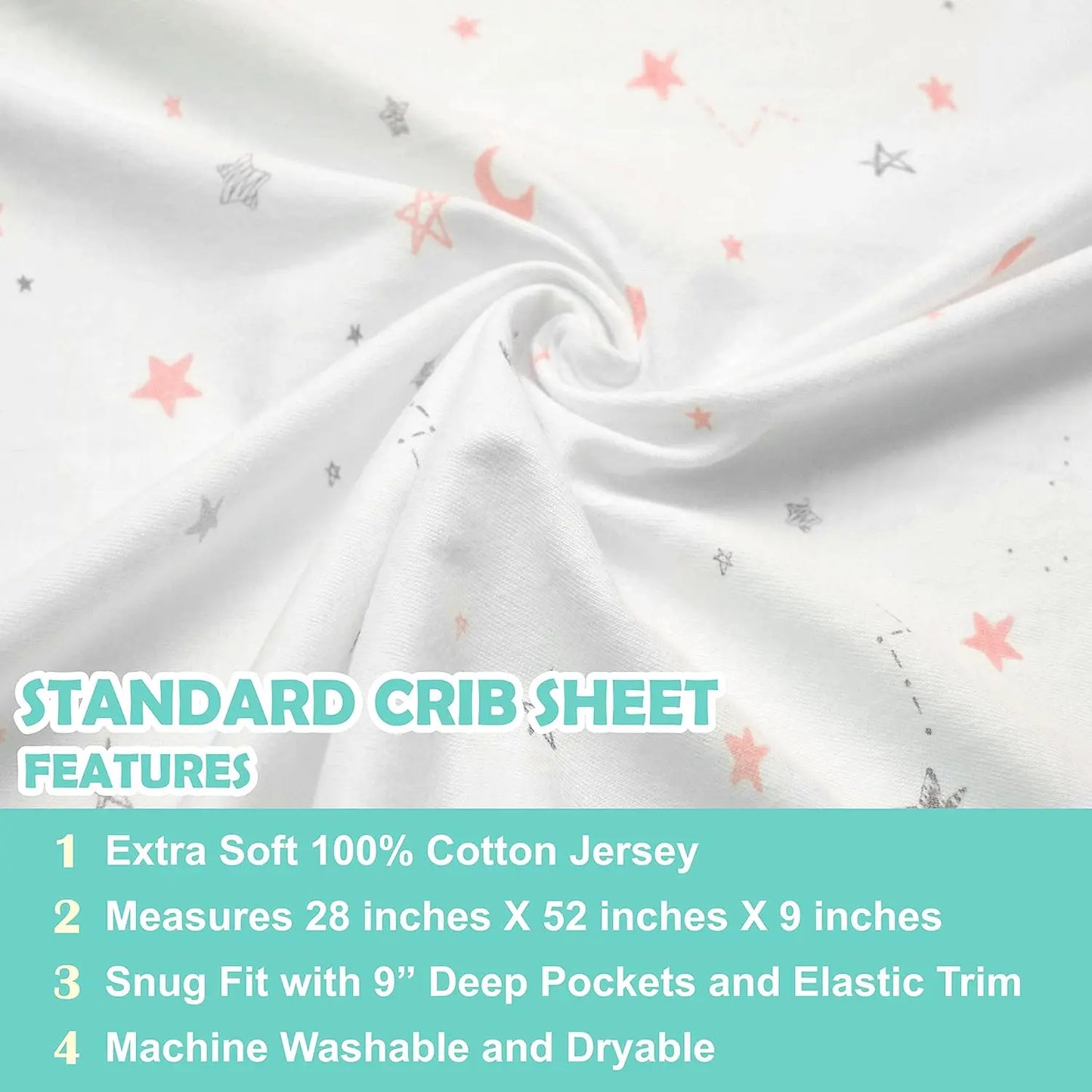 3 Pack 100% Cotton Fitted Crib Sheets, 52" x 28", Soft & Breathable for Baby & Toddler Beds, Neutral Pink Star/Zigzag Design