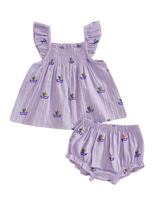 Adorable Baby Girls Outfit Stylish Mardi Gras Facewear Design Top with Matching Ruffle Shorts - 2 Piece Set for Fashionable