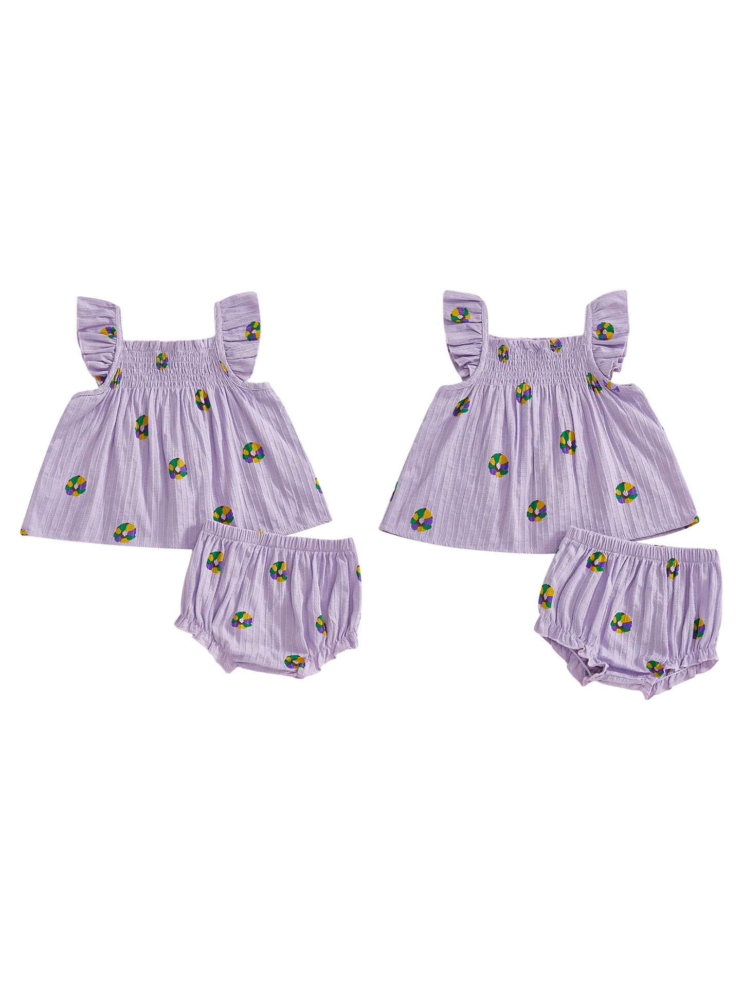 Adorable Baby Girls Outfit Stylish Mardi Gras Facewear Design Top with Matching Ruffle Shorts - 2 Piece Set for Fashionable