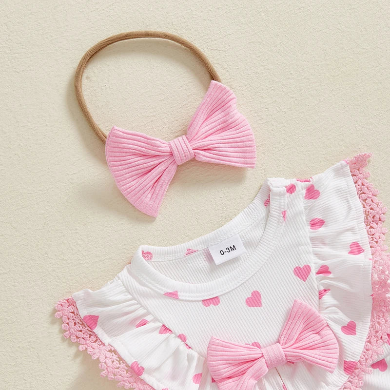 Adorable Baby Girl Set Sleeveless Heart Strawberry Print Romper Dress with Matching Bowknot Hairband - Cute Summer Outfit