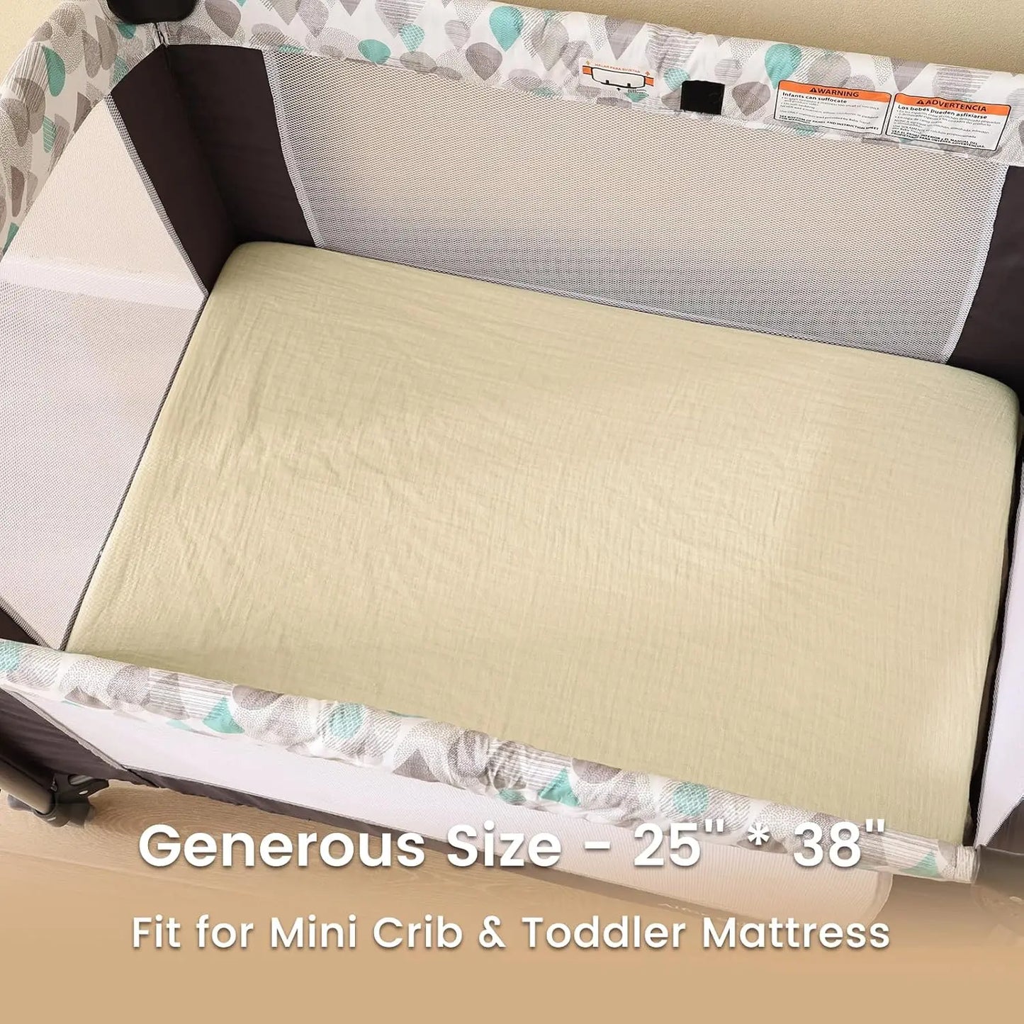 2-Pack Muslin Cotton Mini Crib Sheets for Boys & Girls, Soft Breathable Fit Pack N Play Mattresses in Beige & Brown