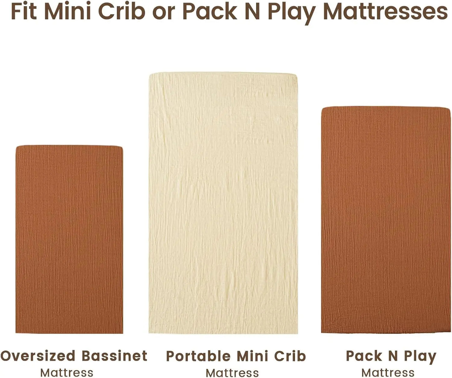 2-Pack Muslin Cotton Mini Crib Sheets for Boys & Girls, Soft Breathable Fit Pack N Play Mattresses in Beige & Brown