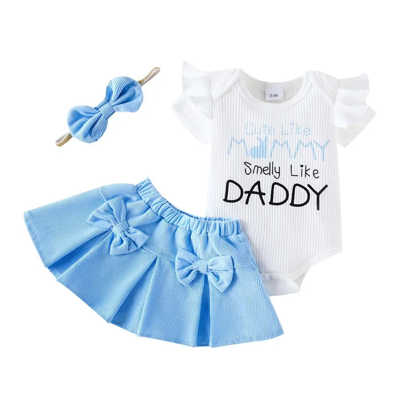 Adorable Baby Girl Summer Outfit Set with Short Sleeve Romper Mini Skirt and Bow Headband - 3 Piece Set Featuring Letter Print