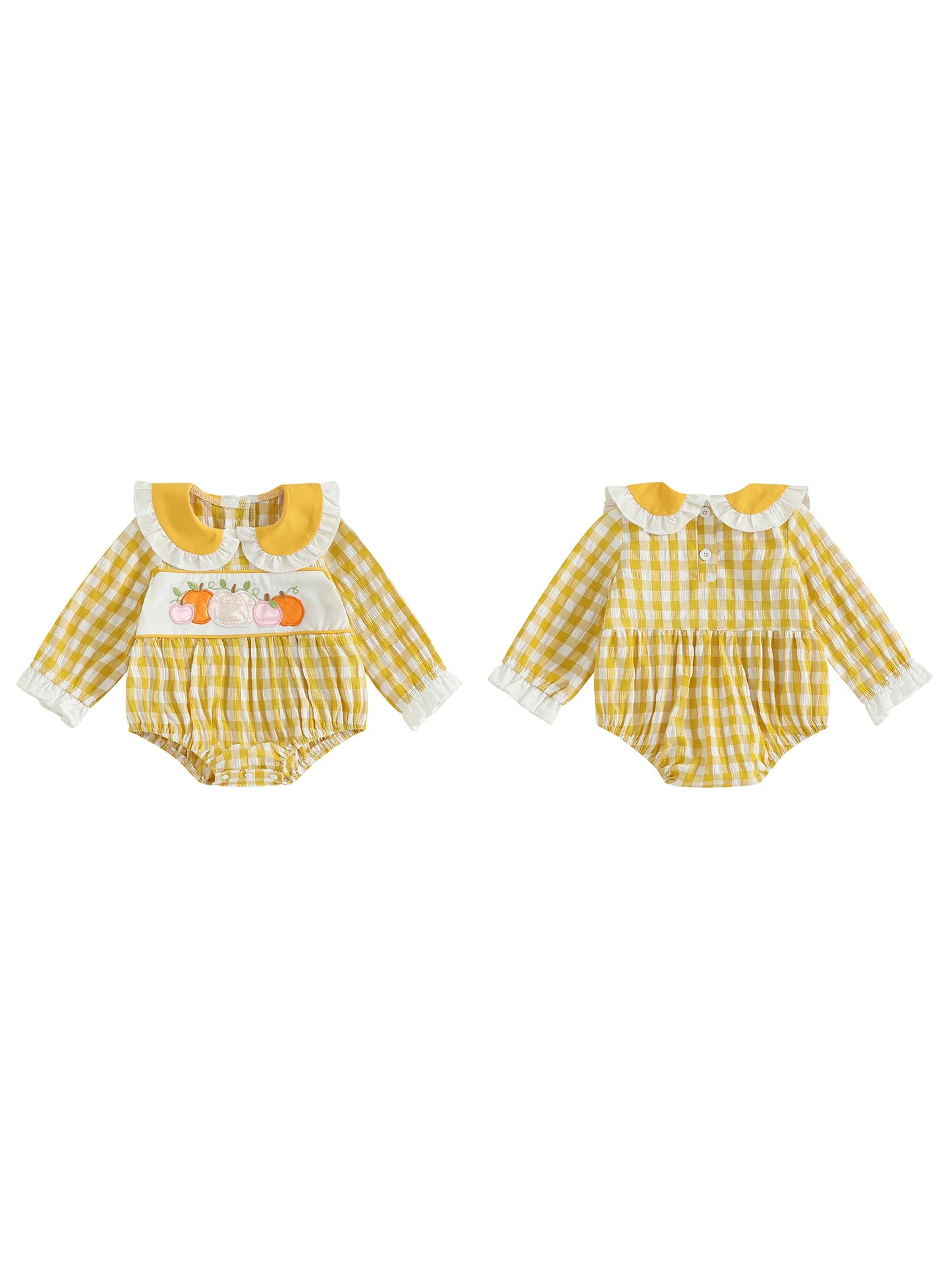 Adorable Toddler Girls Halloween Costume Pumpkin Embroidery Plaid Romper with Doll Collar and Long Sleeves for Infant Baby
