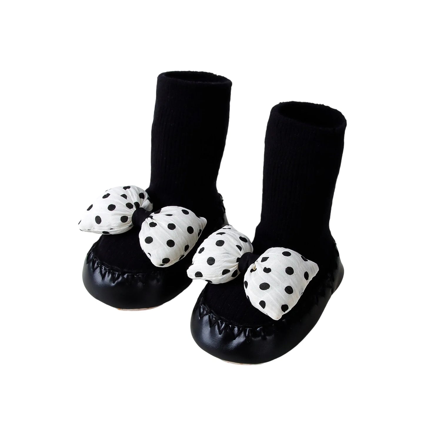 Toddler Girl Polka Dot Print Bow Slip-On Shoes with Non-Slip Sole and Cute Bootie Design for First Steps and Walking