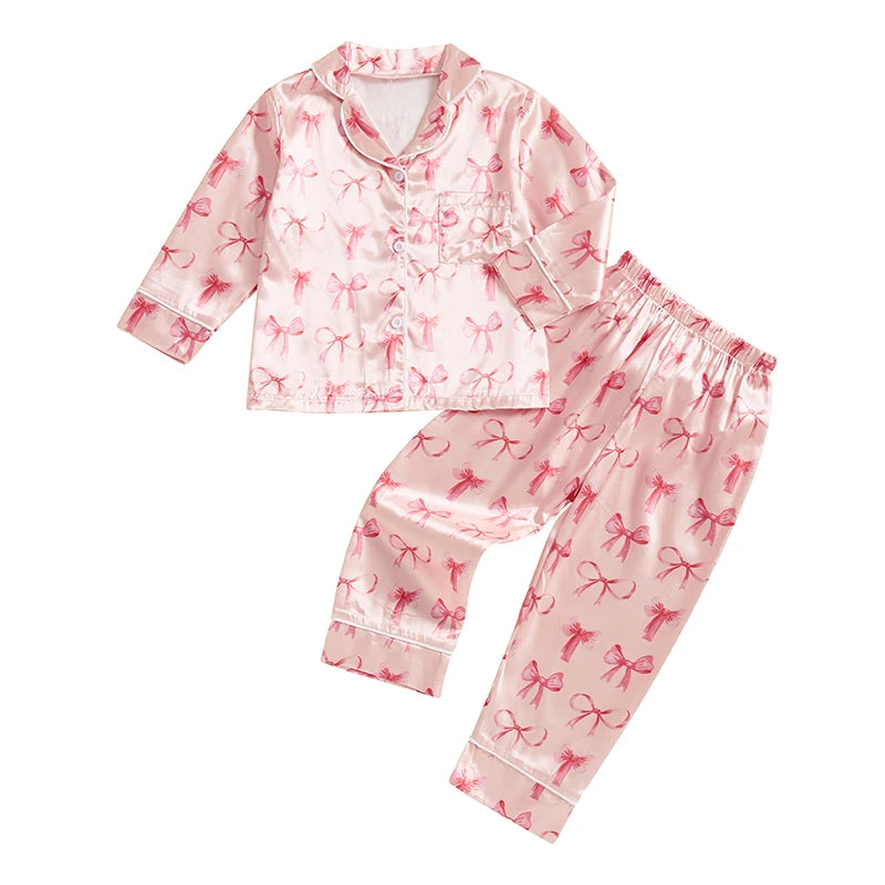Adorable Baby Girl Silk Pajama Set with Cute Bow Print Stylish Long Sleeve Lapel Button Down Shirt and Matching Pants for Cozy
