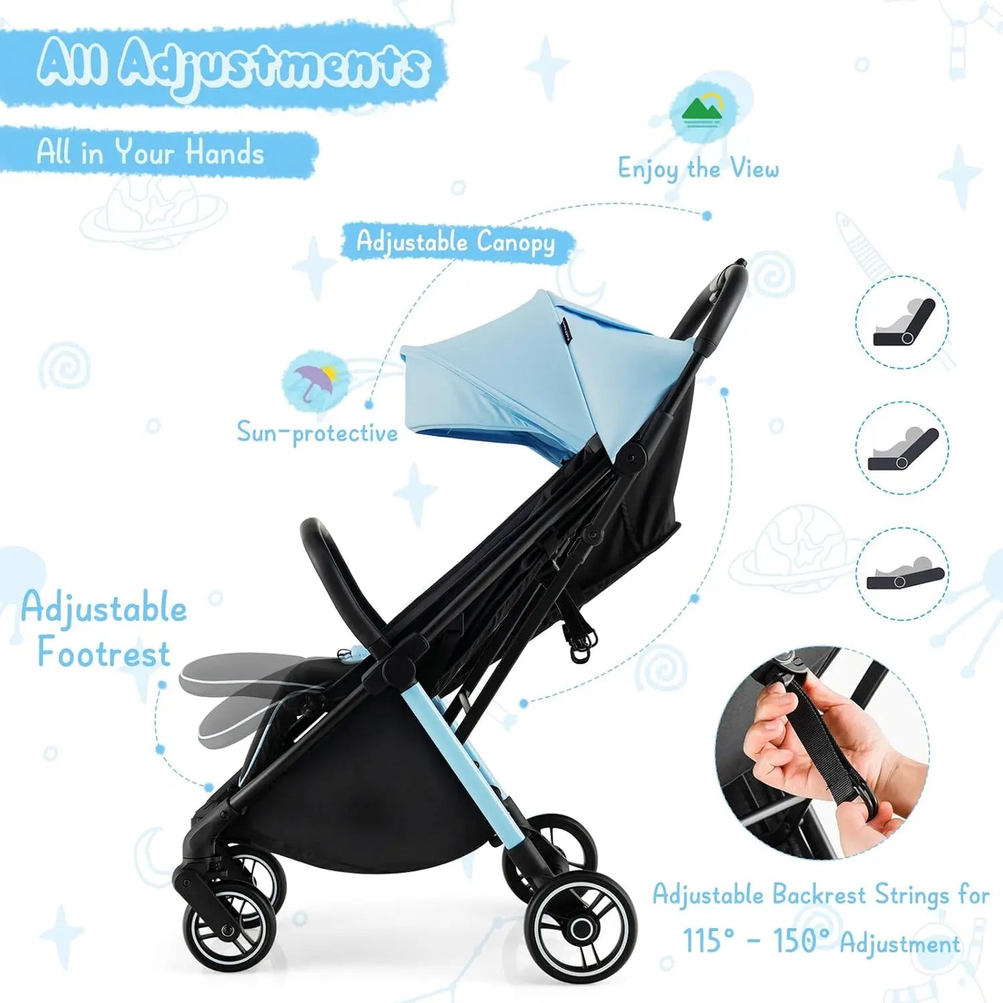 Lightweight Baby Stroller, Compact Travel for Airplane, Fits Airplane Cabin & Overhead, One-Hand Gravity Fold, Self-Standing