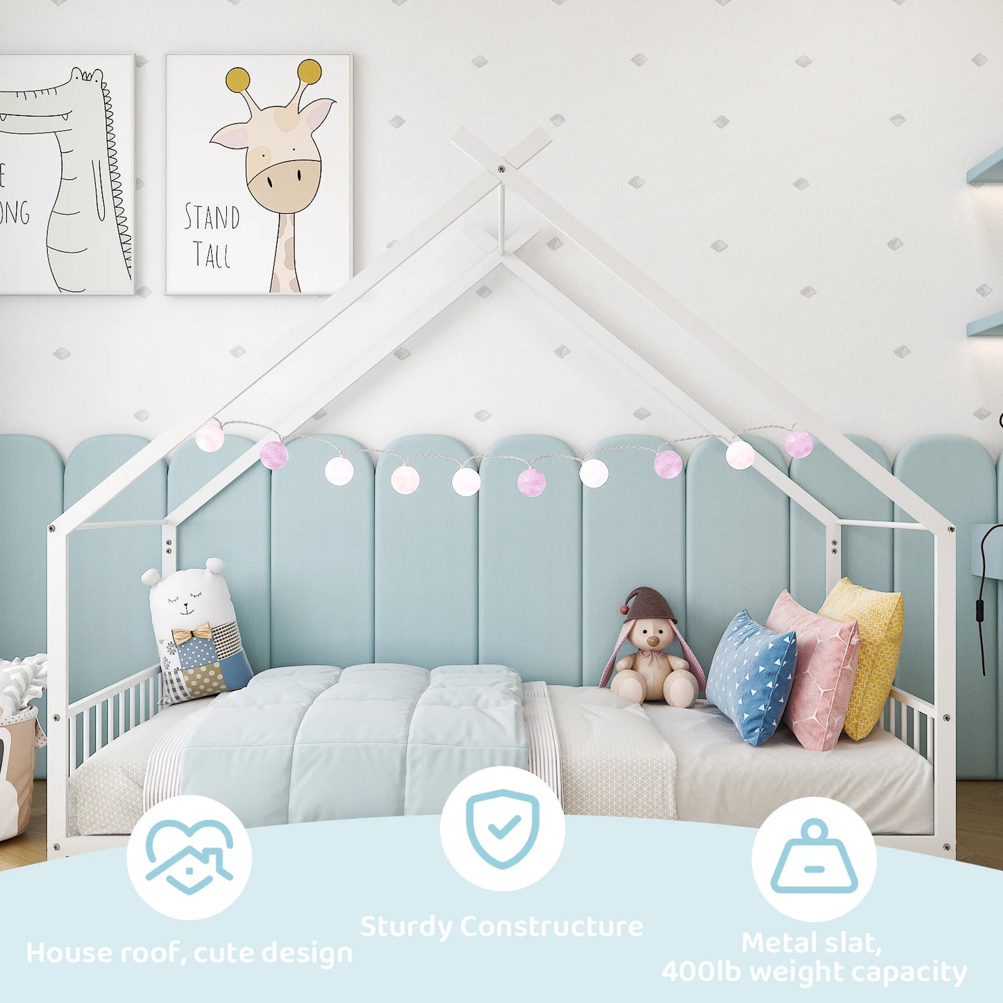 White Flat Bed House Shape with Side Guardrails Twin Children's Iron Bed