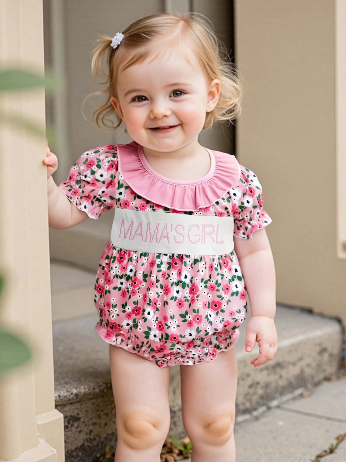 Adorable Baby Girls Rompers with Cute Letter Embroidery and Floral Print Featuring Ruffles and Round Neck Short Sleeve Infant