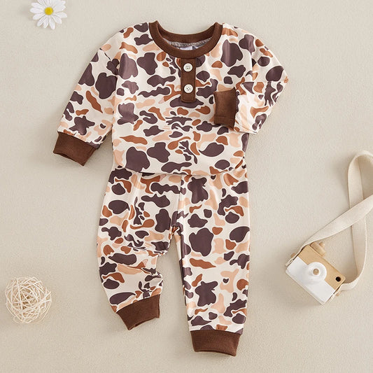 Infant Boys Fall Outfits Camouflage Letter Pattern Long Sleeve Crew Neck Rompers with Elastic Waist Pants 2 Pcs Set