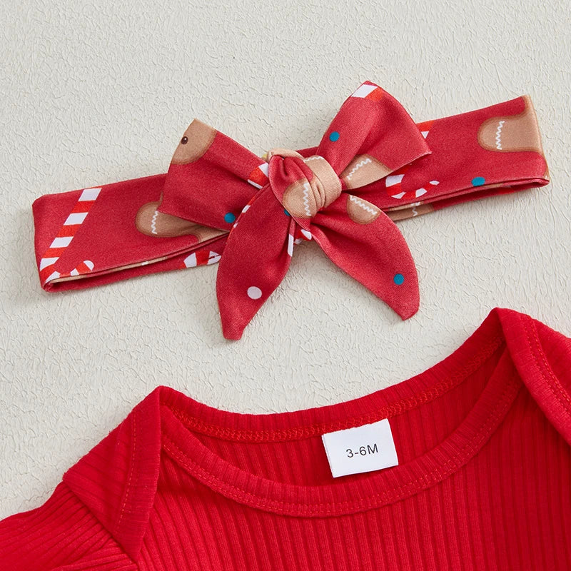 Baby Girl Christmas Outfits Solid Color Long Sleeve Romper Gingerbread Man Print Flare Pants Headband 3Pcs Clothes Set