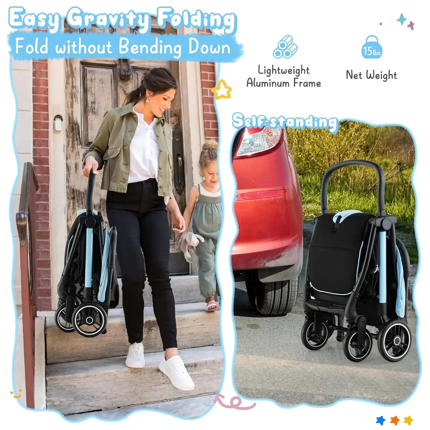 Lightweight Baby Stroller, Compact Travel for Airplane, Fits Airplane Cabin & Overhead, One-Hand Gravity Fold, Self-Standing