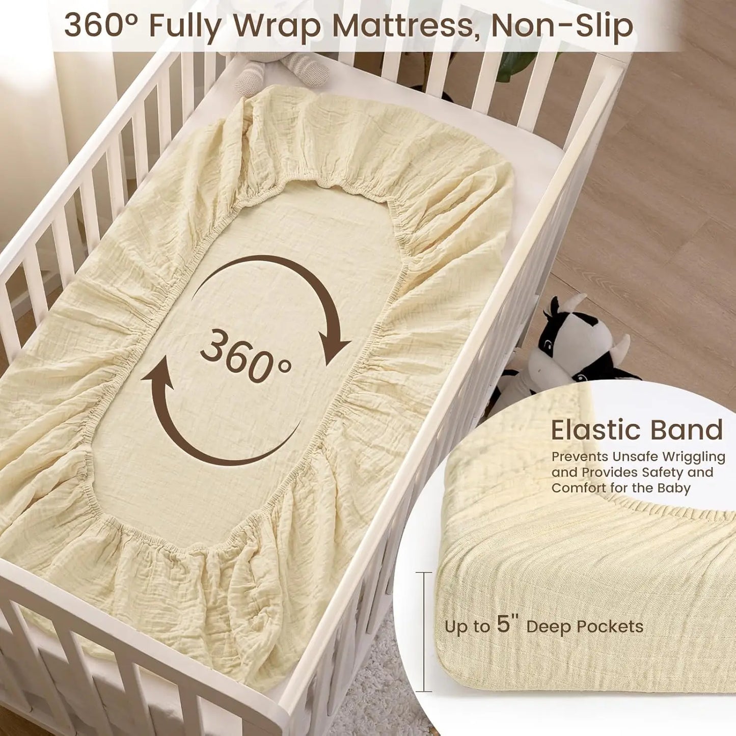 2-Pack Muslin Cotton Mini Crib Sheets for Boys & Girls, Soft Breathable Fit Pack N Play Mattresses in Beige & Brown