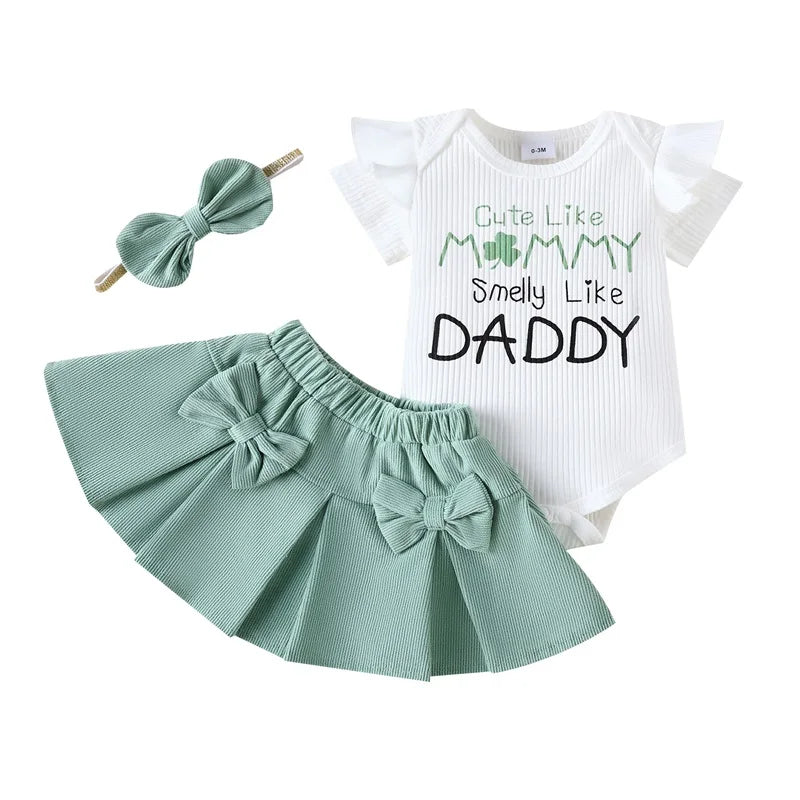 Adorable Baby Girl Summer Outfit Set with Short Sleeve Romper Mini Skirt and Bow Headband - 3 Piece Set Featuring Letter Print