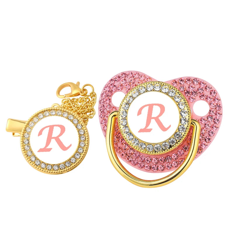 New Newborn Pacifiers for Babies Pink Rhinestones Personalized Pacifier Clip Lid Set 26 Name Initials Infant Nipple Teether Gift