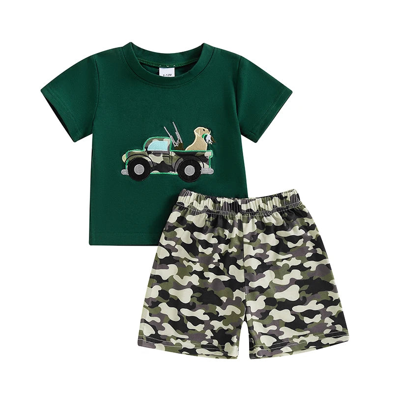 Toddler Boy Summer Outfit Dinosaur Print Short Sleeve T-shirts and Denim Shorts 2 Piece Set for Baby Boys