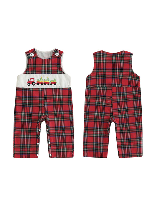 Baby Boy Christmas Romper Loose Fit Embroidered Plaid Crew Neck Sleeveless Infant Boy Jumpsuit