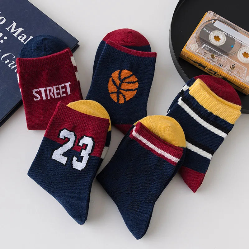 5 Pairs Kids Boys Pure Cotton Socks Children Baby Toddler Sport Basketball Socks School Student Spring Autumn Soft Mid Tube Sock