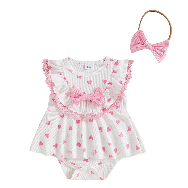Adorable Baby Girl Set Sleeveless Heart Strawberry Print Romper Dress with Matching Bowknot Hairband - Cute Summer Outfit