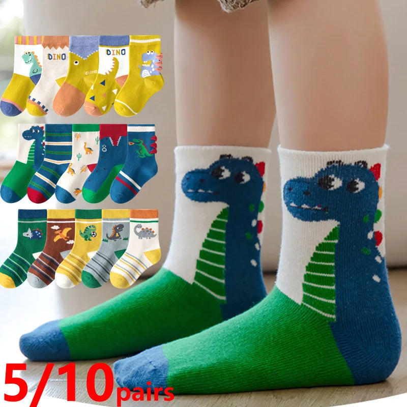 5/10 pairs/lot Kids Socks Sets for Boys 2025 Cartoon Dinosaur Print Children Ankle Short Breathable Cotton Toddler Floor Sock