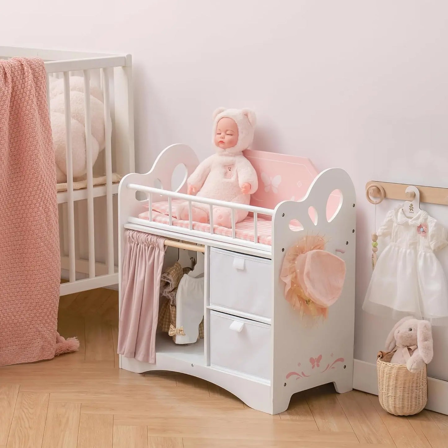 Robotime Baby Doll Crib Wooden Toy Baby Crib with Storage Bedding Wooden Hooks Doll Crib Fits Dolls up to 21" for Girls 3+ Pink