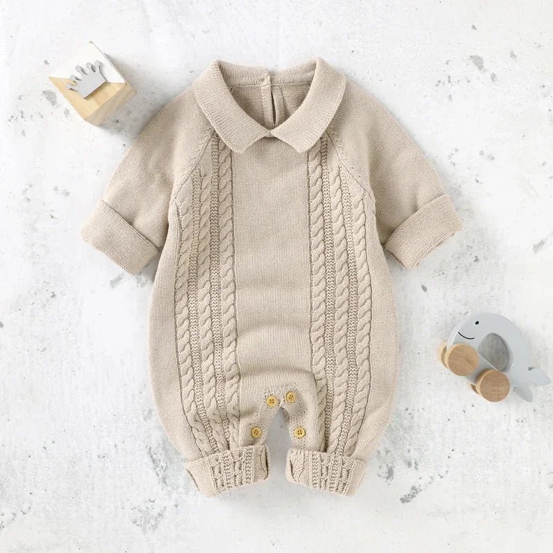 Autumn Winter Baby Knitted Hooded Rompers 0-18m, Long Sleeve Warm Jumpsuits for Infant Toddler Boys & Girls