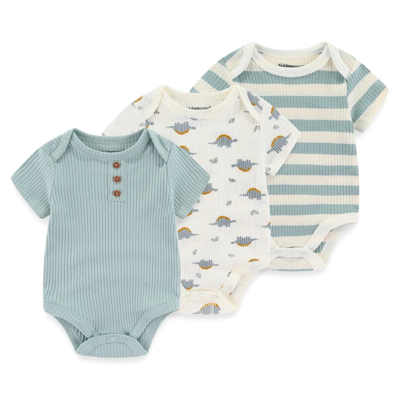 Kiddiezoom unisex summer three piece fashionable cartoon boy and girl jumpsuit 100% pure cotton comfortable newborn set