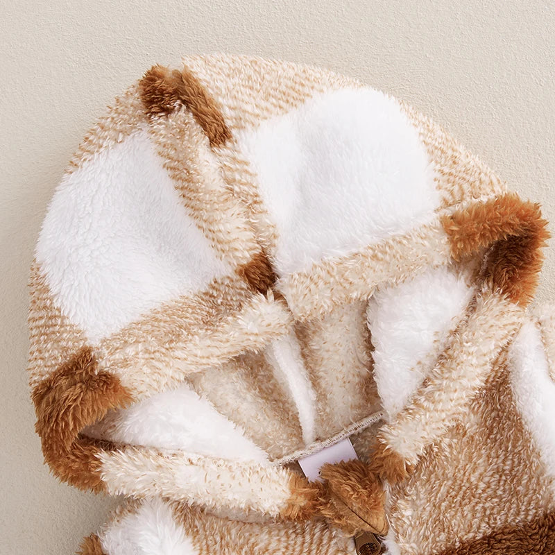 Toddler Striped Hooded  Soft Fleece Button-up Cozy Winter Romper with Pockets and Footies